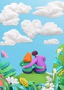 Spring story, heart in clouds. Fall in love, young couple on a flower meadow. vector greeting card