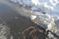 Spring stream, ice and snow, dazzling sunlight, reflection of sky in water