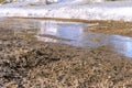 Spring streams from snow melting in spring flow eroding soft soils and causing soil erosion
