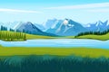 Mountain lake view. Spring summer beautiful nature cartoon. Royalty Free Stock Photo