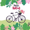 Spring, summer. Bicycle with flower, tulps in forest landscape trendy flat style. background plants, leaves and forest