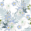 Spring summer blue forget-me-not flowers with herbs, fern seamless pattern. Royalty Free Stock Photo