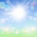 Spring Summer Bokeh Background with Sun, Blue Sky and Green Grass Royalty Free Stock Photo