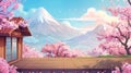 In spring or summer, this cartoon Japanese landscape with cherry blossoms in the backyard incorporates the idea of Royalty Free Stock Photo