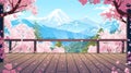 Spring or summer cartoon Japanese landscape with place to relax to enjoy cherry blossoms in backyard. Hanami concept on Royalty Free Stock Photo