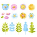 Spring, summer 3d paper cut floral design elements set. Vector craft leaves, flowers, isolated on white background