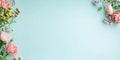 Spring summer floral frame background. Beautiful flowers on light blue background. Top view Royalty Free Stock Photo