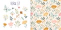 Spring, summer floral set with seamless pattern and different flowers and plants