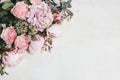 Spring, summer floral still life. Closeup of pink roses, hydrangeand peonies flowers. Bouquet of Eucalyptus isolated on