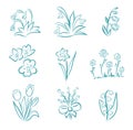 Spring and summer flower collection in doodle style with tulips, narcissus, willow, violet, snowdrop, bell, lily of the valley and