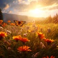 spring-summer flower meadow with a flying butterfly in the foothills at sunset Royalty Free Stock Photo