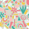 Spring or summer flowers and geometric shapes seamless vector background. Abstract doodle shapes collage pattern in Royalty Free Stock Photo