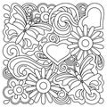 Spring or summer hand-drawn doodle background . Flowers, butterflies, heart. Seasonal vector elements, cartoon backdrop