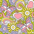 Spring or summer hand-drawn doodle seamless background . Flowers, butterflies, heart. Seasonal vector elements, cartoon backdrop Royalty Free Stock Photo