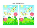 Spring or summer joy. Find ten differences picture puzzle with butterflies, flowers, grass. Royalty Free Stock Photo