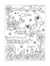 Coloring page with caterpillars, flowers, grass