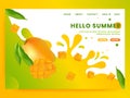 Spring summer Landing page, poster,banner or web header design. Mango vector realistic illustration, mango slices, pieces and