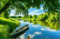 Spring summer landscape blue sky clouds Narew river boat green trees countryside grass . background landscape Royalty Free Stock Photo