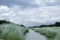 Spring summer landscape blue sky clouds Narew river boat green trees countryside Royalty Free Stock Photo