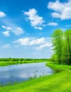 Spring summer landscape blue sky clouds Narew river boat green trees Royalty Free Stock Photo