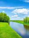 Spring summer landscape blue sky clouds Narew river boat green trees. Royalty Free Stock Photo