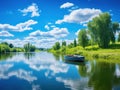 Spring summer landscape blue sky clouds river boat green trees in