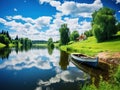 Ai Generated illustration Wildlife Concept of Spring summer landscape blue sky clouds river boat green trees in Sweden Royalty Free Stock Photo