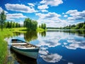 Ai Generated illustration Wildlife Concept of Spring summer landscape blue sky clouds river boat green trees in Sweden Royalty Free Stock Photo