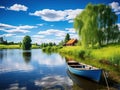 Ai Generated illustration Wildlife Concept of Spring summer landscape blue sky clouds river boat green trees in Sweden Royalty Free Stock Photo