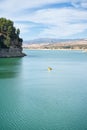 Spring summer landscape blue sky clouds river pedal boat green trees Royalty Free Stock Photo