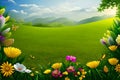 Spring or summer landscape with colourful flowers, lush grass and distant mountains. Generative-AI Royalty Free Stock Photo