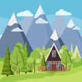 Spring or summer landscape with country a-frame house, vector background illustration Royalty Free Stock Photo