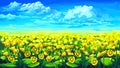 Spring, summer landscape. Field of bright yellow flowers to the horizon. Blue sky with fluffy clouds.