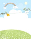 Spring or Summer landscape with rainbow and blue sky,Kids clothes hanging on the branches tree, Banner template with copy spave Royalty Free Stock Photo