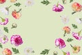 Spring or summer layout with many different colorful flying flowers and leaves on a light green background, trendy floral frame