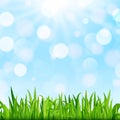 Spring or summer nature background with green grass, blue sky and bokeh. Vector illustration Royalty Free Stock Photo