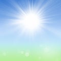 Spring Summer Nature Background with Sun, Blue Sky and Green Grass Royalty Free Stock Photo