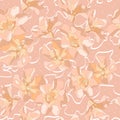 Spring or summer peachy colored floral vector seamless pattern with Hand drawn abstract flowers and white curly ribbon.