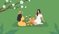 Spring Summer Picnic. Beautiful girls sitting on a green grass. Avocado toasts, baguette, wine. Vector