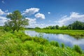 Spring summer river landscape blue sky clouds countryside