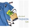 Spring summer romantic outfit with denim dress and trendy basket