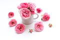 Spring, summer still life scene. Vintage wedding feminine styled photo, floral composition. Vase with pink roses.