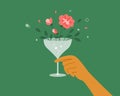 Spring or summer vector illustration with woman hand holding martini or wine glass with blossom pink flowers and leaves Royalty Free Stock Photo