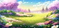 Spring sunny day, flowers, blossom field, bright picture, summer, cherry trees, background, landscape, wallpaper, nature