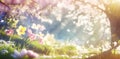 Spring sunny day, flowers field, blossom field, blossom trees, sakura , flowers,landscape, wallpaper, nature Royalty Free Stock Photo