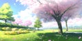 Spring sunny day, field, blossom trees, sakura trees, daisies field, illustrative background, landscape, wallpaper, nature Royalty Free Stock Photo
