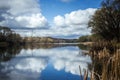 Spring Sunny landscape, white clouds and blue sky are reflected in the river water. Royalty Free Stock Photo