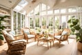 Spring Sunny Sunroom with Staged Furniture and Rattan Accent Chairs with Skylight and Patio Doors Generated Ai