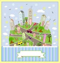 Spring sunny town. Vector illustration.