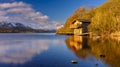 Spring sunrise over Ullswater and Duke of Portland\'s boat house near Pooley Bridge Royalty Free Stock Photo